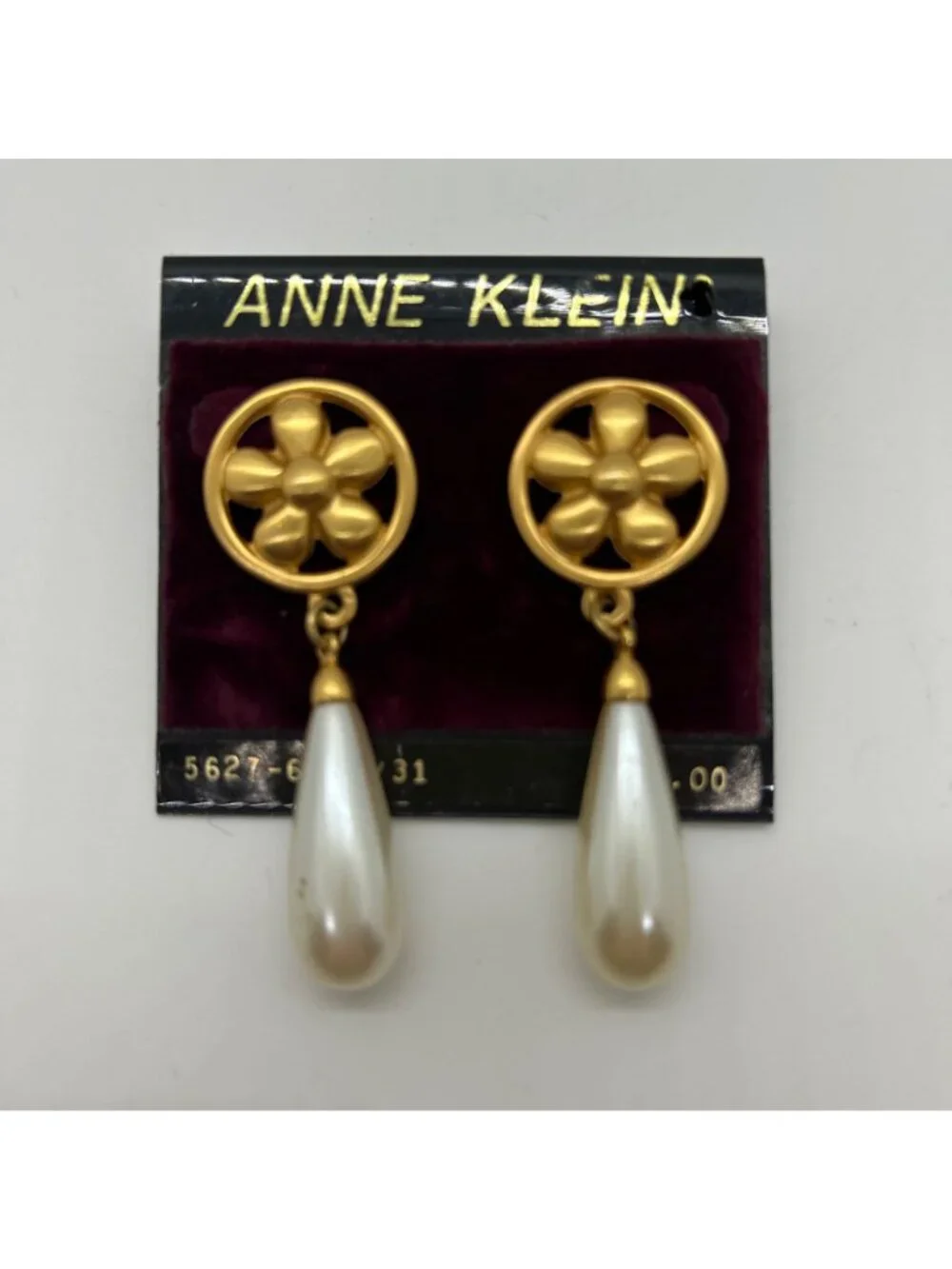 Vintage Anne Klein Gold Tone Flower Round Stud Earrings White Faux Pearl Drops